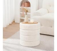 Madera Nieve Taburete Redondo de Bou lanco con Almacenaje y Tapa Reversible - Puff Multifuncional para Tocador, Salón, Dormitorio y Habitación Infantil