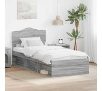 Madera y pino macizo moderno rectangular Gris 93 x 206 x 90 cm | Estructura de cama con cabecera Gris Sonoma 90 x 200 cm, Base de madera maciza con somier, Camas individuales modernas para