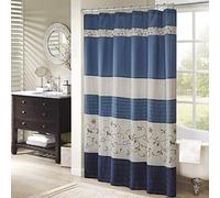 Madison Park Serene - Cortina de Ducha de Seda sintética Bordada, Floral, Lavable a máquina, decoración Moderna para el hogar, baño, 72 x 72 Pulgadas, Color Azul Marino