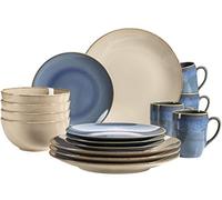 MÄSER 931872 Serie Ossia - Vajilla para 4 personas de estilo mediterráneo vintage, 16 piezas, color azul y gris arena, cerámica, color gris arena/azul claro