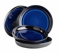 MÄSER Serie Niara - Juego de platos de sopa modernos para 4 personas con aspecto vintage emocionante, platos grandes y profundos para pasta y sopas de cerámica, gres, azul/negro