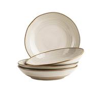 MÄSER Serie Nottingham - Juego de 4 platos de sopa con filigrana juego de líneas y esmalte noble, platos grandes y profundos para pasta y sopas de cerámica en un moderno aspecto vintage, gres, beige