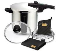 Magefesa Athenas - Pack Exclusivo Olla Express Rápida 7.5L + Cestillo + Tapa de Cristal + Paño + Tomaollas, Acero Inoxidable 18/10, Para Inducción, Fondo Termo-Difusor