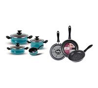 Magefesa Country - Batería de cocina 7 piezas, acero vitrificado exterior verde agua. Antiadherente bicapa & K2 Gransasso set 3 sartenes 20/24/28cm, Acero vitrificado exterior, gris