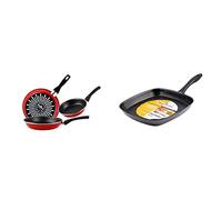Magefesa Grana Juego de 3 sartenes cm de acero vitrificado exterior color rojo + Glass Asador cuadrado alto 28cm de acero vitrificado exterior negro cristal. Antiadherente bicapa reforzado