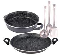 Magefesa K2 GRANSASSO set: Paellera Ø34 y Tartera Ø24 cms, en acero esmaltado vitrificado, en gris, inducción y lavavajillas, y juego de 3 Utensilios de cocina en acero inoxidable