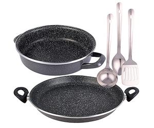 Magefesa K2 GRANSASSO set: Paellera Ø34 y Tartera Ø24 cms, en acero esmaltado vitrificado, en gris, inducción y lavavajillas, y juego de 3 Utensilios de cocina en acero inoxidable