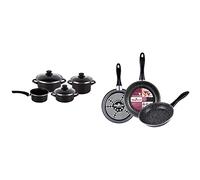 Magefesa Kenia - Batería de Cocina 7 piezas, acero vitrificado exterior negro & K2 Gransasso set 3 sartenes 20/24/28cm, Acero vitrificado exterior, gris, Antiadherente bicapa, efecto piedra