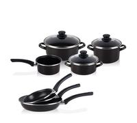 Magefesa kenia bateria de cocina 7 piezas + set juego 3 sartenes 18-20-24cm, acero vitrificado 820ºc, libre pfoa, , negro