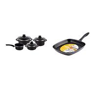 Magefesa Kenia Negra - Batería de Cocina 7 piezas, acero vitrificado exterior negro. Antiadherente bicapa Reforzado & Glass - Asador cuadrado alto 28cm de acero vitrificado exterior negro cristal