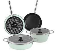 Magefesa Nordic Batería Cocina Inducción 6 Piezas, Antiadherente Libre PFOA Esmalte Exterior Verde Menta, Set Cazuelas Tapa Vidrio, Sartenes, Herrajes Inox Satinados, Retro Estilo Vintage