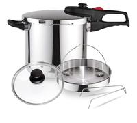 Magefesa Practika Plus - Pack Exclusivo Olla Express Rápida 7.5L + Cestillo + Tapa de Cristal, Acero Inoxidable 18/10, Sensor de Presión, Inducción