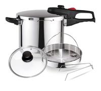 Magefesa Practika Plus - Pack Exclusivo Olla Express Rápida + Cestillo Vaporera + Tapa de Cristal , Acero Inoxidable 18/10, Sensor de Presión, Inducción