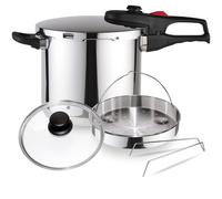 Magefesa Practika Plus - Pack Exclusivo Olla Express Rápida + Cestillo Vaporera + Tapa de Cristal , Acero Inoxidable 18/10, Sensor de Presión, Inducción