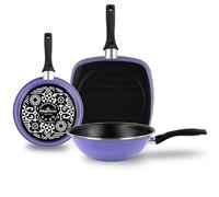 MAGEFESA Set Sarten, Grill y Wok Inducción 24-27-28 cm, Antiadherente Libre PFOA, Mango Ergonómico Profesional, Diseño Moderno, Acero Vitrificado ECO, Esmalte Exterior Very Peri