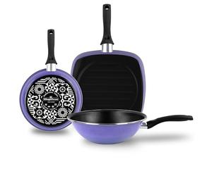 MAGEFESA Set Sarten, Grill y Wok Inducción 24-27-28 cm, Antiadherente Libre PFOA, Mango Ergonómico Profesional, Diseño Moderno, Acero Vitrificado ECO, Esmalte Exterior Very Peri