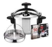 Magefesa Star Recta - Pack Exclusivo Olla Express Tradicional 4 Litros + Cestillo + Libro de Recetas, Acero Inoxidable 18/10, Apta para Inducción