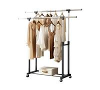 MAGIC SELECT Perchero Burro Doble de Pie Extensible con Ruedas | 2 Barras Superiores, Baldas de Almacenamiento Inferior, Resistente, Altura Ajustable, Para Hogar y Pasillo