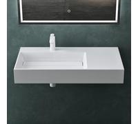 Mai & Mai Lavabo Izquierdo Blanco 90 cm, 1 Orificio para Grifo, Col12 | Lavabo de Baño Rectangular de Mármol Fundido con Desagüe, Instalación Sobre Encimera o Mural, Sin Rebosadero