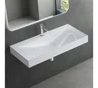 Mai & Mai Lavabo sobre Encimera Rectangular 100cm Blanco Brillante Col810 | Lavabo Suspendido Mármol Fundido, con Orificio para Grifo y Válvula Desagüe, Conexión Estándar DIN, Tapa de Desagüe Oculta