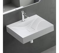 Mai & Mai Lavabo sobre Encimera Rectangular 60cm Blanco Brillante Col810 | Lavabo Suspendido Mármol Fundido, con Orificio para Grifo y Válvula Desagüe, Conexión Estándar DIN, Tapa de Desagüe Oculta
