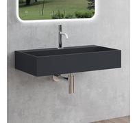 Mai & Mai Lavabo sobre Encimera Rectangular 80cm Antracita Mate Col6028 | Lavabo Suspendido Mármol Fundido, con Orificio para Grifo y Válvula Desagüe, Conexión Estándar DIN, Tapa de Desagüe Oculta