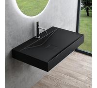 Mai & Mai Lavabo sobre Encimera Rectangular 80cm Negro Mate Col810 | Lavabo Suspendido Mármol Fundido, con Orificio para Grifo y Válvula Desagüe, Conexión Estándar DIN, Tapa de Desagüe Oculta