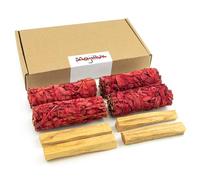Majillux Kit de Salvia Sangre de Dragón y Palo Santo para Quemar 4 + 4 | 4 Atados con Resina de Croton lechleri | 4 Palos de Palo Santo | Aroma Intenso | Uso Tradicional | Caja de Cartón