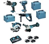 Makita 18v Li-ion 5.0 Ah Taladro + Atornillador + Taladro De Impacto + Amoladora + Sierra Circular - Dlx5039ptj