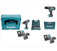 Makita DHP 482 RTJ - Taladro percutor con batería de 18 V Li-Ion en Makpac + 2 baterías de 5,0 Ah + cargador + juego de brocas y punzones Makita B-53811 de 100 piezas