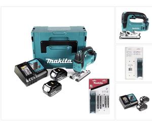 Makita DJV 182 RTJ Sierra caladora a batería 18 V en Makpac 2 + 2x Batería BL 1850 5,0 Ah + Cargador DC 18 RC + Juego de hojas de sierra