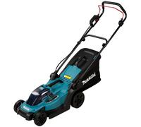 Makita DLM330SM, cortacésped eléctrico de empuje, para superficies de hasta 450 m², con un ancho de corte de 33 cm, altura de corte ajustable de 2 cm a 7,5 cm, y una velocidad de 4300 RPM