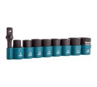 Makita E-16639 - Juego de llaves de impacto (3/8", 9 piezas, SW8 - SW18, incluye adaptador de 50 mm de 1/4" hexagonal a cuadrado de 3/8", cromo-molibdeno, 28 mm de largo)