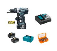 MAKITA - Taladro Combinado MAKITA DHP458RTJ 18V 91Nm + 2 Baterías 5.0Ah + Juego Puntas + Adaptador 18V + Puntas y maletín