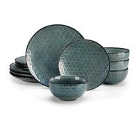 MALACASA Juego de vajilla de 12 piezas, modernos juegos de platos y cuencos, juego de platos verdes para 4, juego de platos de cerámica para cocina, apto para microondas y lavavajillas, serie LYDIA