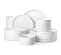 MALACASA Juego de Vajilla de Porcelana para 6 Personas, 18 Piezas con Platos Llanos ∅ 26 cm, Platos de Postre ∅ 21 cm y Cuencos para Cereales de 760 ml, Color Blanco, Serie LEAH