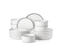 MALACASA Juego de Vajilla para 6 Personas de Porcelana, 18 Piezas con Platos Llanos ∅ 26 cm, Platos de Postre ∅ 21 cm y Cuencos para Cereales de 760 ml, Color Blanco con Borde Negro, Serie LEAH