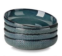 MALACASA Platos Hondos de Gres 1570 ml 4 Piezas para Pasta LYDIA Verde | Diseño en relieve, Apto para microondas, lavavajillas y horno, Ideal para ensalada, sopa y platos principales, Fondo plano