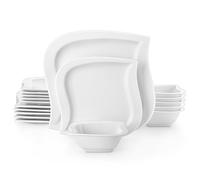 MALACASA Serie ELVIRA Juego de Vajilla para 6 Personas de Porcelana, Juego de 18 Piezas con 6 Platos Llanos de 26 cm, 6 Platos de Postre de 21 cm, 6 Cuencos de Sopa de 240 ml, Color Blanco