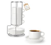 MALACASA Serie REGULAR, Juego de 4 Tazas de Café para 4 Personas, 270 ml, Servicio de Café Apilable con Platillo y Soporte Metálico, Ideal para Espresso, Capuchino, Latte, Moka y Té, Color Blanco