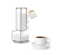 MALACASA Serie REGULAR, Juego de 4 Tazas de Café para 4 Personas, 90 ml, Servicio de Café Apilable con Platillo y Soporte Metálico, Ideal para Espresso, Capuchino, Latte, Moka y Té, Color Blanco