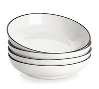 MALACASA Serie REGULAR Platos para Pasta, Platos Hondos y Juego de 4 Ensaladeras de Porcelana de 1250 ml,Color Blanco con Borde Negro