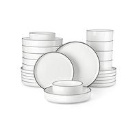 MALACASA Vajilla Completa 6 Personas, 24 Piezas Juego de Platos Vajilla Blanca con Borde Negro, Vajilla de Porcelana con 6 Platos Llanos, Platos Postre, Platos Hondos, Platos Hondos Sopa, Serie LEAH