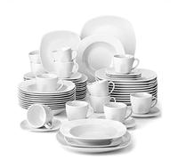 MALACASA Vajilla Completa de Porcelana 60 Piezas 12 Personas ELISA Blanco | Diseño moderno minimalista, Incluye platos, cuencos, platos hondos y tazas de café, Apto para microondas y lavavajillas