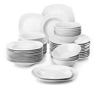 MALACASA Vajilla Completa Moderna de Porcelana 48 Piezas 12 Personas ELISA | Diseño minimalista, Incluye platos, cuencos y platos hondos, Apto para microondas y lavavajillas, Blanco elegante