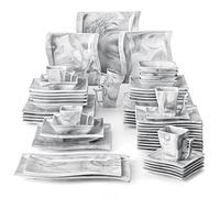 MALACASA Vajilla de Porcelana de 56 Piezas, con 6 Tazas, 6 Platillos, 12 Platos Llanos, 12 Platos de Postre, 12 Platos Hondos, 6 cuencos y 2 bandejas, Serie FLORA