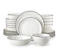 MALACASA Vajillas Completas 6 Personas de Porcelana, 24 Piezas Juego de Vajilla Modernas con Relieve Ondulado, Blanco Con Borde Negro - Serie LEILA