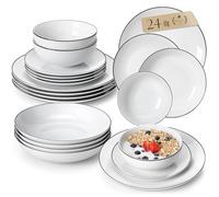MALACASA Vajillas Completas Modernas 24 Piezas, Juegos de Platos de Porcelana Gourmet de Borde Negro para 6 Personas con 6 Platos Hondos/ 6 Platos Llanos， 6 Cuencos, Serie AMELIA