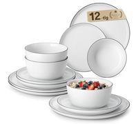 MALACASA Vajillas Completas Modernas Porcelana, 12 Piezas Juego de Platos para 4 Personas con 4 Platos Llanos, 4 Platos de Postre, 4 Bol de Cereales, Blanco con Borde Negro - Serie LEXI