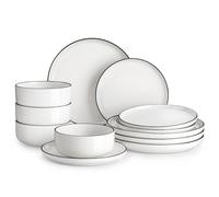 MALACASA Vajillas Completas para 4 Personas, Juego de Vajillas de Porcelana 12 Piezas con Platos Llanos/de Postre y Cuencos de Cereales, Apto para Lavavajillas, Blanco con Borde Negro, Serie LUNA